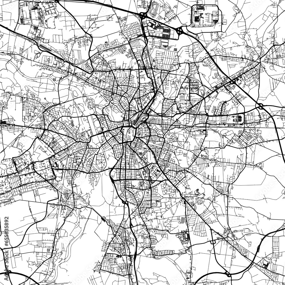 Obraz premium 1:1 square aspect ratio vector road map of the city of Leipzig in Germany with black roads on a white background.