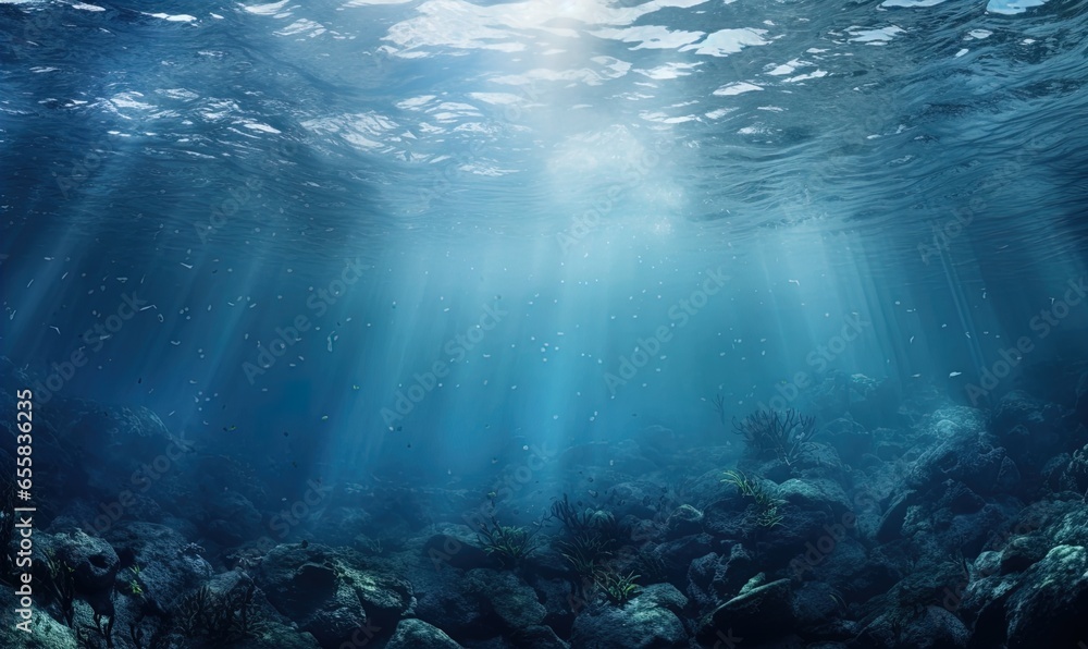 Fototapeta premium An underwater image with lays of light breaking through. Great for stories about the ocean, travel, adventure, snorkeling, scuba diving, underwater exploration, conservation and more.