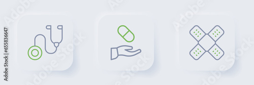 Set line Crossed bandage plaster, Medical prescription and Stethoscope icon. Vector