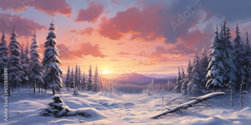Idyllic winter landscape in the mountains, sunset, illustration