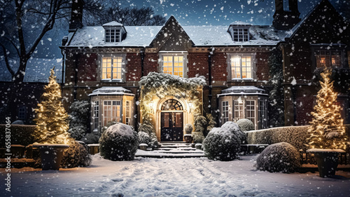 Christmas in the countryside manor, English country house mansion decorated for holidays on a snowy winter evening with snow and holiday lights, Merry Christmas and Happy Holidays © Anneleven