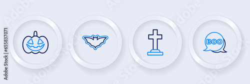 Set line Boo speech bubble, Tombstone with cross, Flying bat and Pumpkin icon. Vector