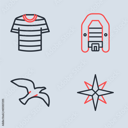 Set line Inflatable boat with motor, Bird seagull, Wind rose and Striped sailor t-shirt icon. Vector
