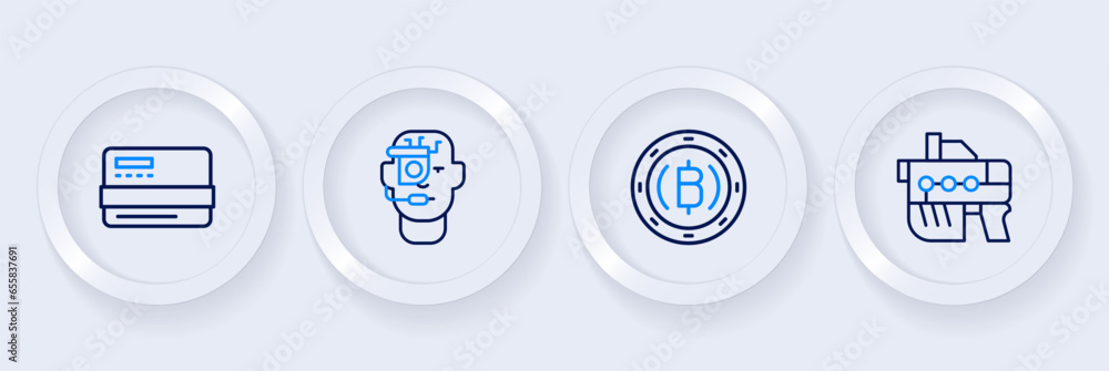 Set line Futuristic weapon, Cryptocurrency coin Bitcoin, Smart glasses spectacles and Credit card icon. Vector Set line Futuristic weapon, Cryptocurrency coin Bitcoin, Smart glasses spectacles and Credit card icon. Vector