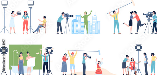 Film production flat scenes. Actors and actresses, direction and assistants. Shooting movie team, operator with camera, recent vector set