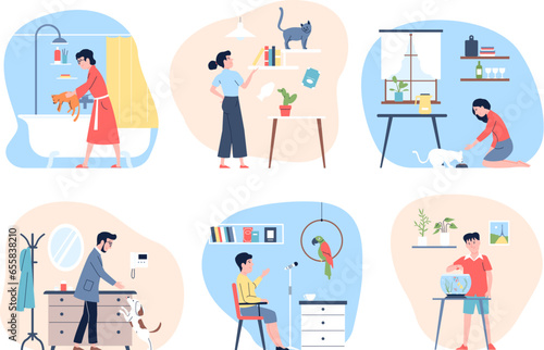 People and pets. Person with dog, cat, fish and parrot. Animal care at home, feeding and training. Happy flap pet owners recent vector scenes