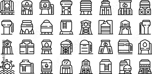 Water tower icons set outline vector. Tank industrial. Tower plant