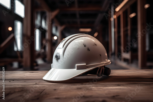 White hard hat on construction site background with copy space. Industrial concept, work protection, construction safety industry concept