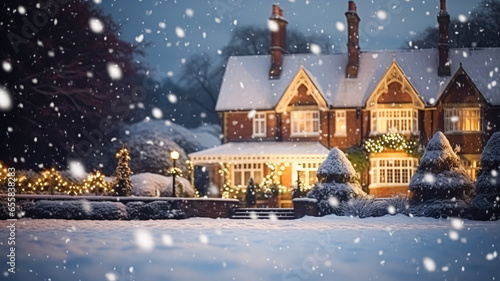 Christmas in the countryside manor, English country house mansion decorated for holidays on a snowy winter evening with snow and holiday lights, Merry Christmas and Happy Holidays