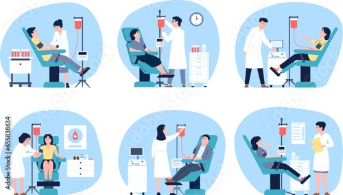 Blood donors, volunteers donating blood in hospital. Medical center and equipment, nurses, doctors and patients. Donor flat recent vector characters