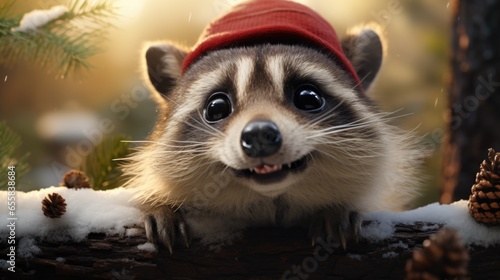 A raccoon with a red hat on its head © Maria Starus