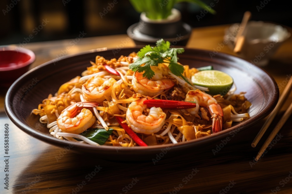 Thai cuisine Stir fried noodles with shrimp in pad thai. Generative AI. - obrazy, fototapety, plakaty 