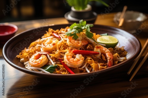 Thai cuisine Stir fried noodles with shrimp in pad thai. Generative AI. photo