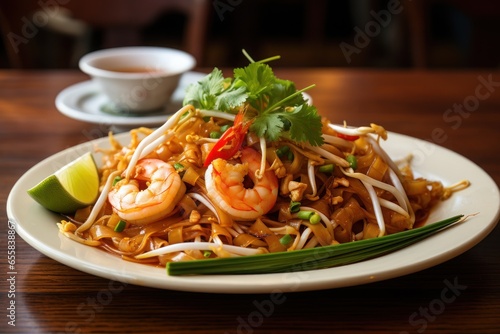 Thai cuisine Stir fried noodles with shrimp in pad thai. Generative AI.