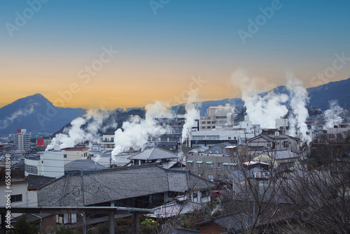 Skyline with many steam fumes in Beppu city, Oita prefecture, Japan © RilakkuMaxx