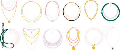 Necklace cartoon set. Decorative jewelry female clipart, isolated beads. Stylish trendy accessories, collier and necklaces. Racy fashion vector collection