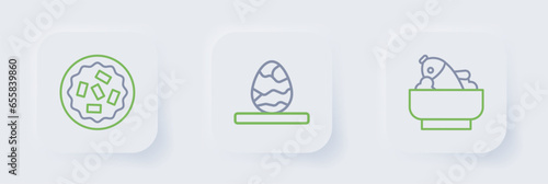 Set line Rice with fish in a bowl, Chinese tea egg and Homemade pie icon. Vector