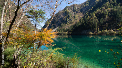 In Jiuzhaigou National Reserve, China, a pristine emerald-green lake mirrors the vibrant autumn foliage, 