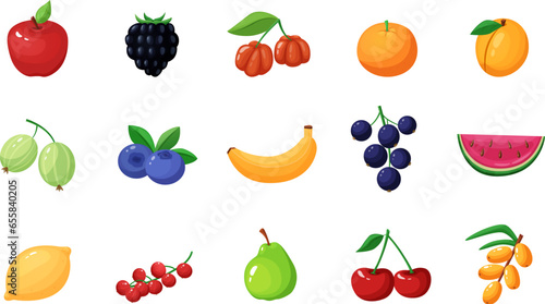 Cartoon fruits and berries. Isolated berry, fresh sweet healthy natural desserts. Banana and watermelon slice, apple and peach nowaday vector clipart