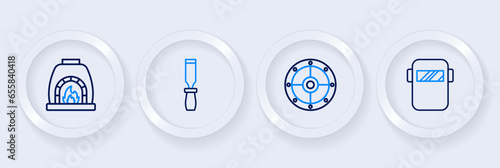 Set line Welding mask, Round shield, Rasp metal file and Blacksmith oven icon. Vector
