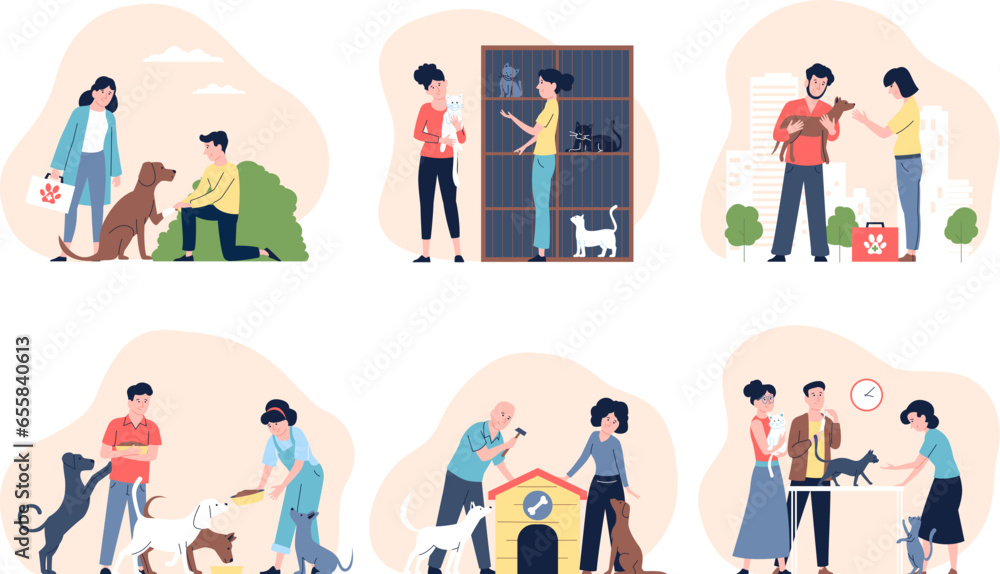 Homeless animals scenes. Pets care and volunteering, veterinary help and animal shelter workers. Volunteers give food and home, recent vector concept