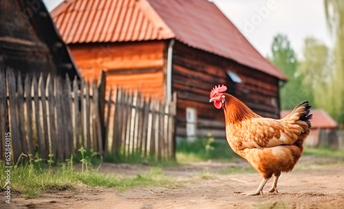 Free range chicken in the countryside, a simple wooden barn in the background. Poultry farm