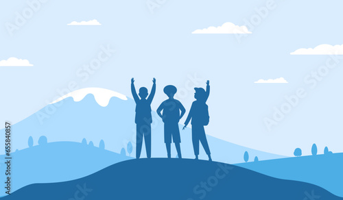 Friends on mountain, setting and achieving goals metaphor. Happy people group silhouette, flat person vacation on nature recent vector scene