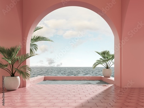 Abstract architectural design on the backdrop of the ocean with sunset and sunrise on the beach - 3d render. Bright arches in the wall overlooking the sea and tropical palm trees - card for travel. © Jools_art