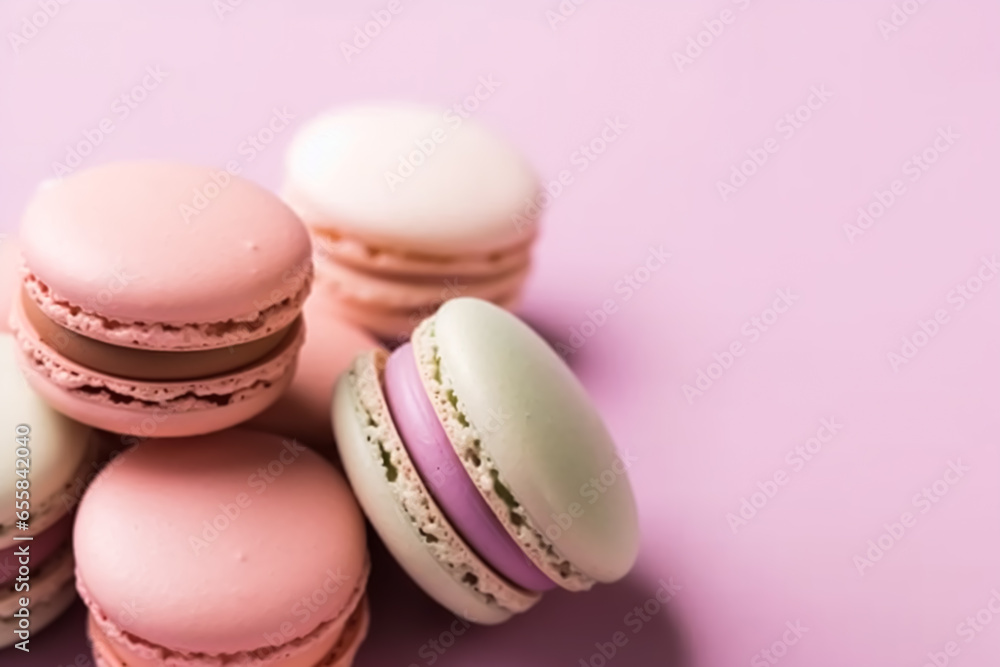 Macaroons on cream pastel background, chic cafe dessert, sweet food and holiday cake macaron for luxury confectionery, generative ai Macaroons on cream pastel background, chic cafe dessert, sweet food and holiday cake macaron for luxury confectionery, generative ai