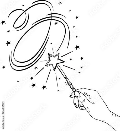 Hand Drawn magic wand doodle. Sketch style icon.Isolated on white background. Vector illustration