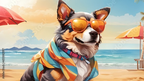 Dog on the beach. Chihuahua dog relax on summer beach with gold sunglass and cool tshirt  © GustavoGuimarães