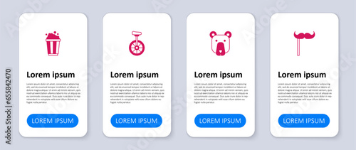 Set Paper mustache on stick, Bear head, Unicycle and Popcorn in cardboard box. Business infographic template. Vector