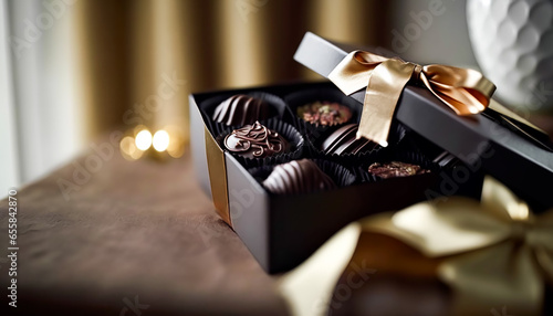 Chocolates and chocolate pralines in a gift box as a luxury holiday present, generative ai © Anneleven