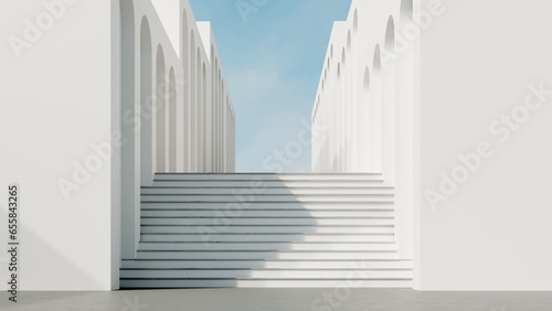Abstract architectural backdrop - 3D render. White details of the facade of modern building on blue sky background with copy space. Unobtrusive background with shadow on the wall. 