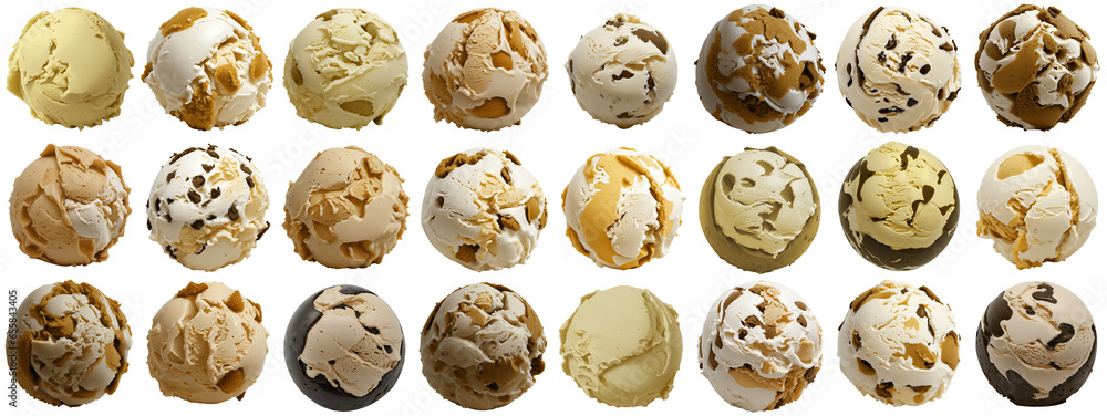 Obraz premium set of delicious yellow vanilla ice cream balls / scoops, isolated on transparent background cutout - png - different flavors mockup for design - image compositing footage - alpha channel