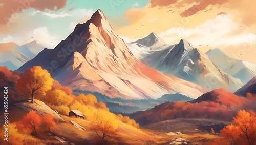 Beautiful mountain sunset landscape in illustration style
