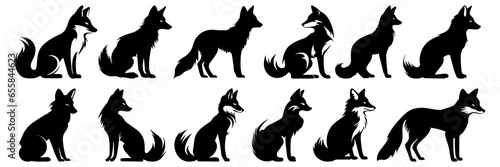 Fox coyote silhouettes set, large pack of vector silhouette design, isolated white background