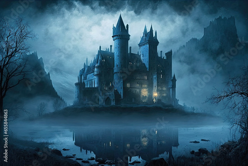 Fantasy landscape with castle on the lake at night. rendering