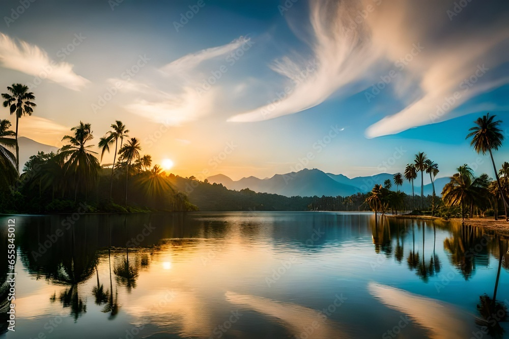 Stunning scenery with a beautiful sky and coconut trees. 