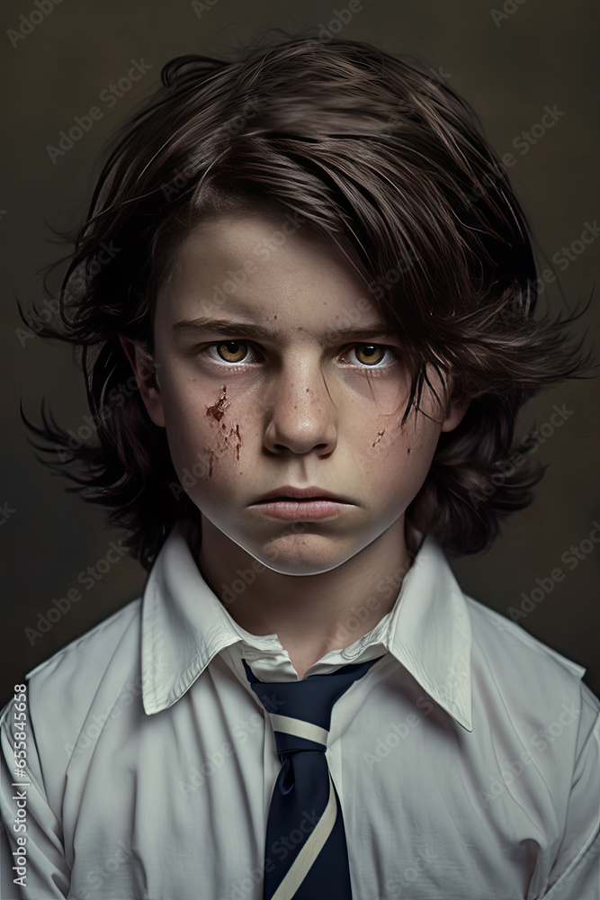 Scared boy in a white shirt and tie on a dark background Scared boy in a white shirt and tie on a dark background