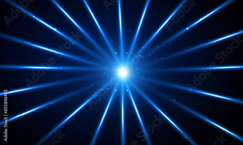 Abstract circular motion of light ray beam explosion in universe. Starburst dynamic glow lines or rays. Rays with particle explosion. Fast motion. High speed futuristic technology and science. Vector.