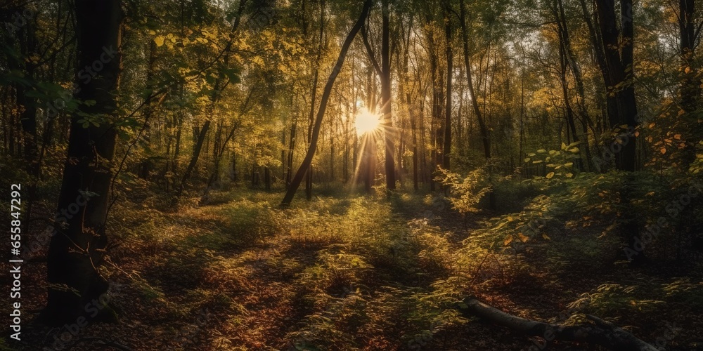 Fototapeta premium Sunlight in the forest, generative AI