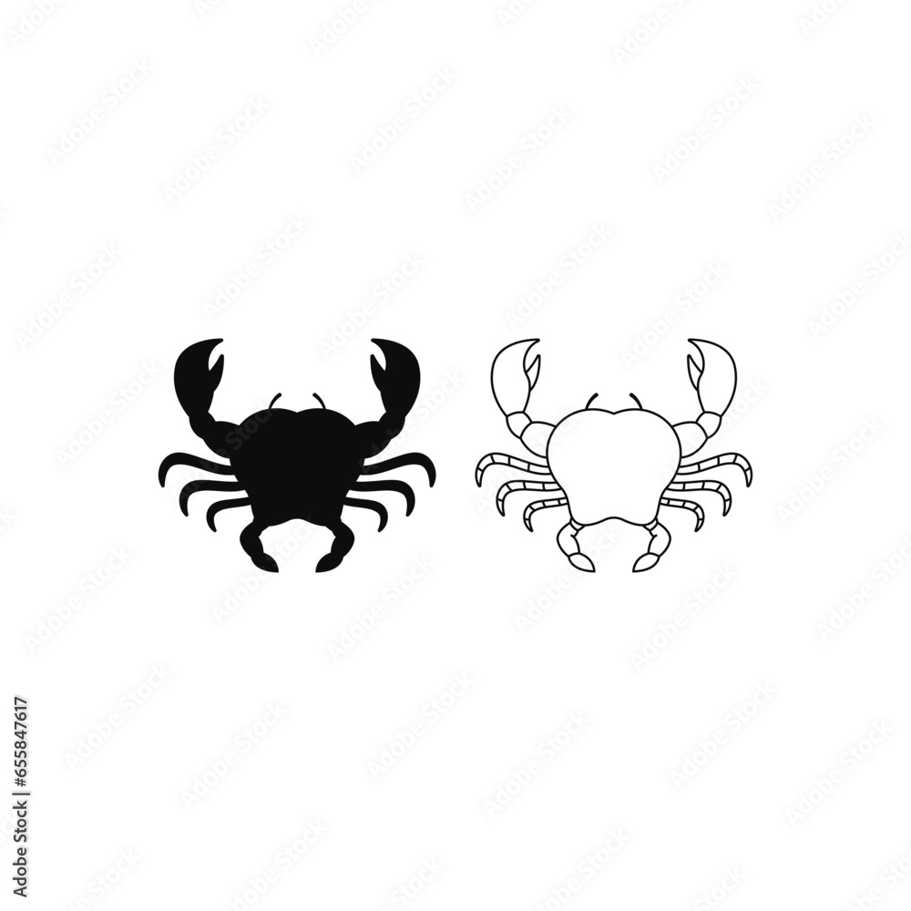 Crab icon vector silhouette and line on white background Crab icon vector silhouette and line on white background