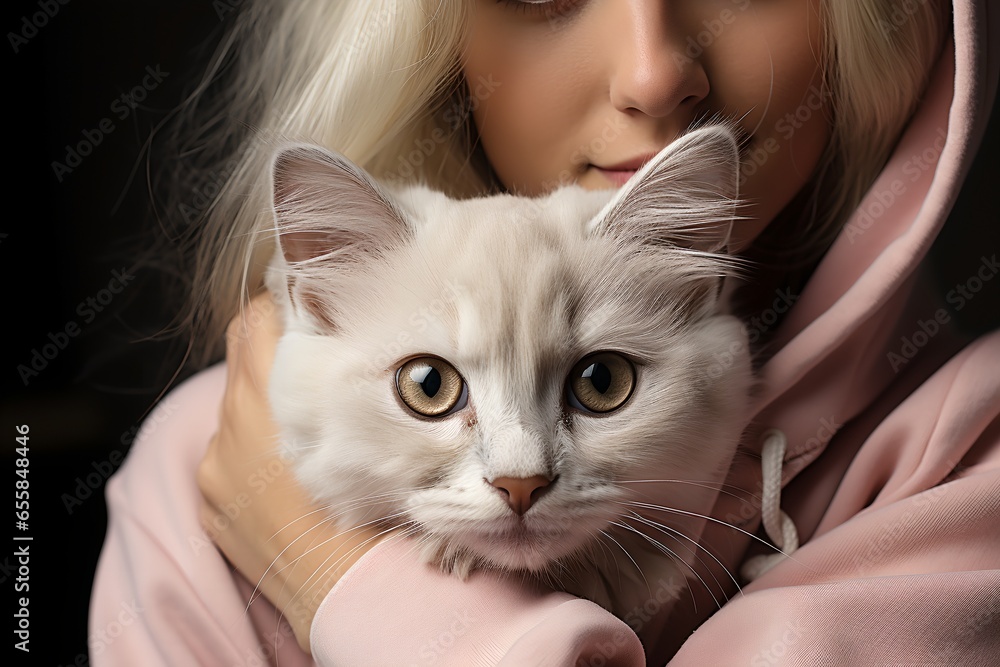Portrait of a young woman with a cat, generative AI