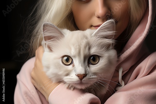 Portrait of a young woman with a cat  generative AI