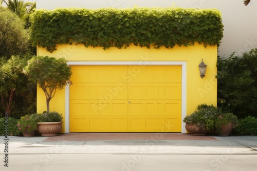 Yellow sectional garage door.