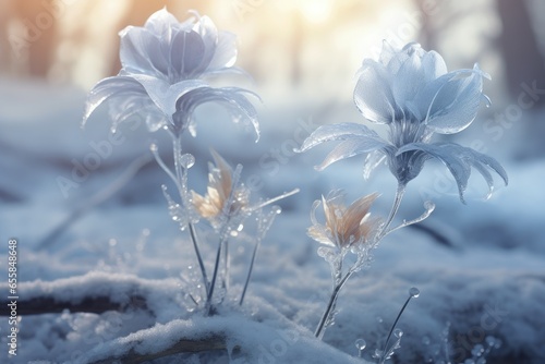 Winter scenery with frosty ice flowers, snow, and crystals