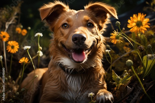 Portrait of a brown dog in the garden. © kardaska