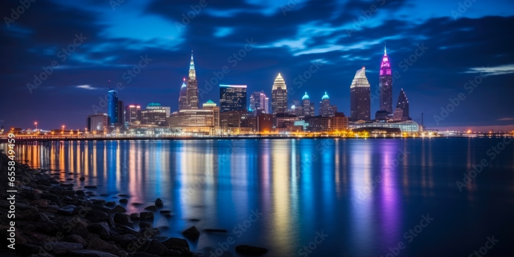Downtown Cleveland Skyline at Dusk. Stunning Panorama of the City Landscape Featuring the Blue Lakefront and Architecture of Cleveland's Vibrant Downtown District