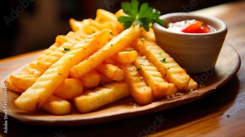 Peruvian Yuca Fries with Dipping Sauce. Traditional Peru Food, Delicious and Mouthwatering
